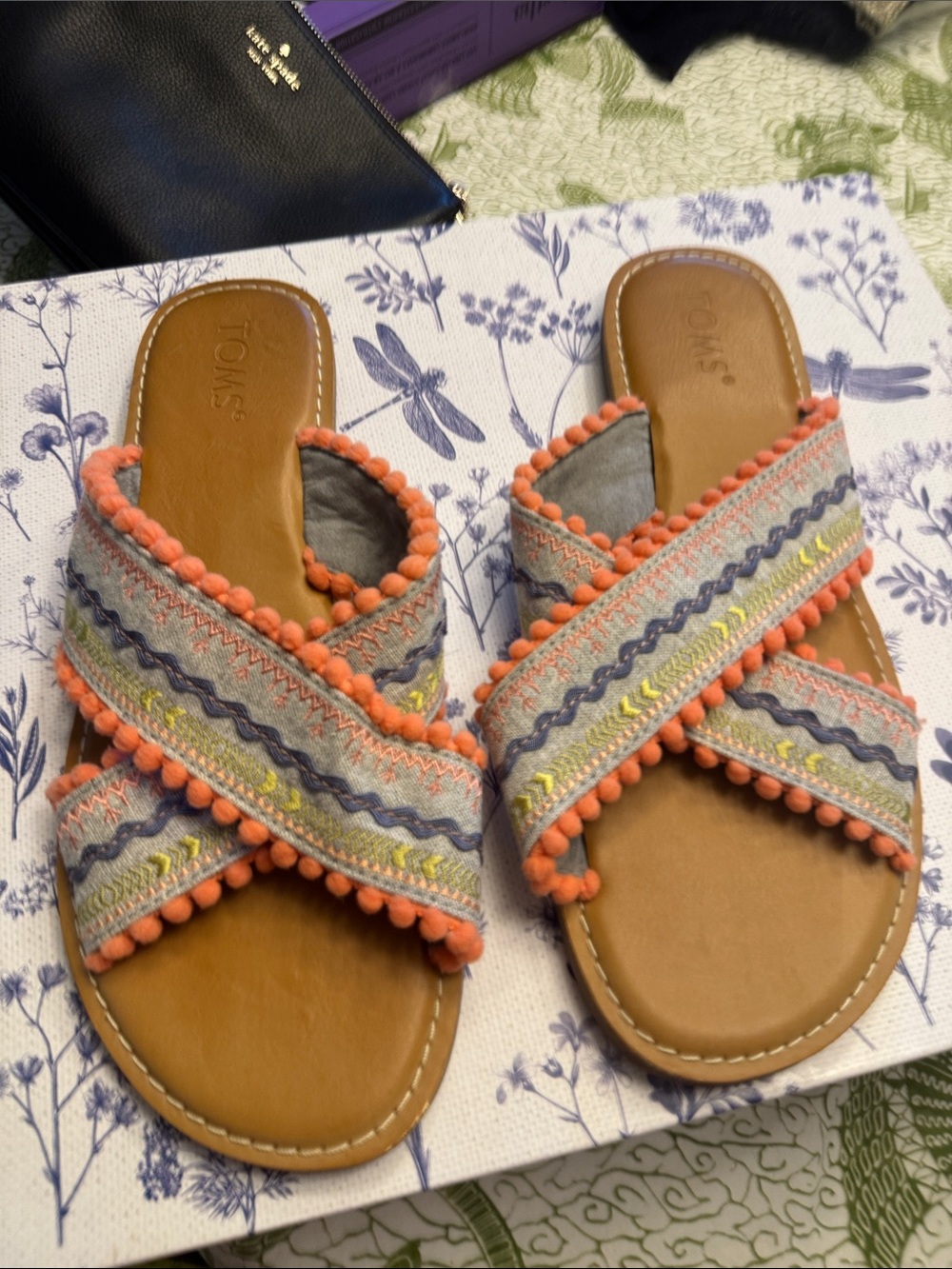 Toms Coral Pom-Pom Crossband Sandals with Gray Embroidery